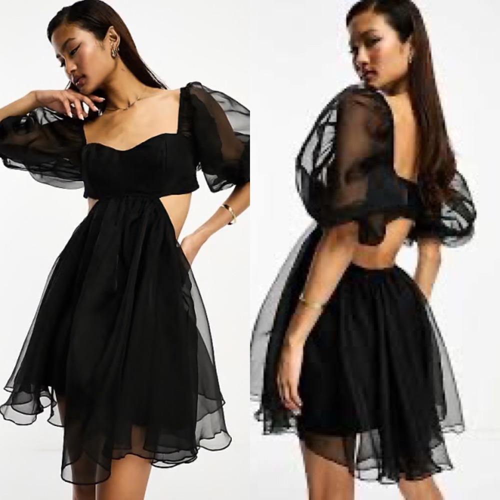 Lace & Beads Organza Mini Dress Womens 10 Black Puff Sleeve‎ Cutout Waist Party